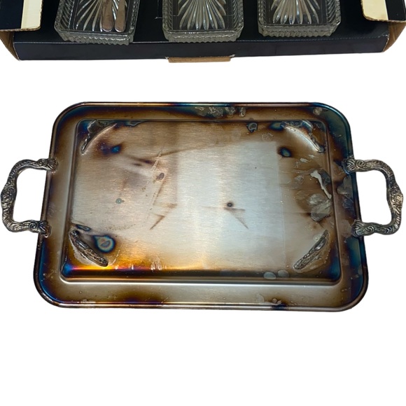 Vtg Leonard 7pc Silverplate Relish Serving Tray Glass Dishes Forks MIB - Picture 3 of 16